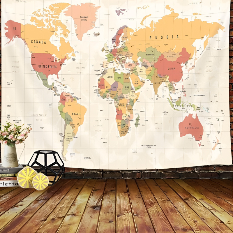 Wall Tapestry With Detailed World Map Country Names For Home Classroom