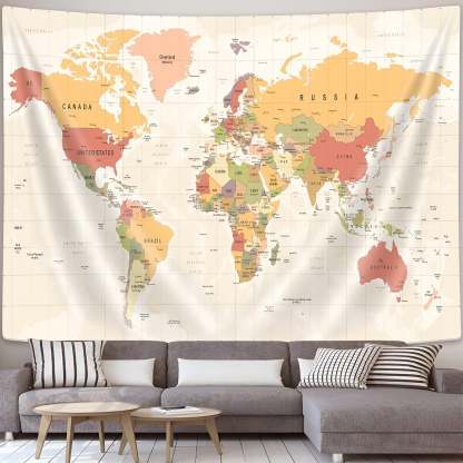 Wall Tapestry With Detailed World Map And Country Names For Home Or Classroom