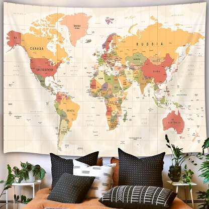 Wall Tapestry With Detailed World Map And Country Names For Home Or Classroom