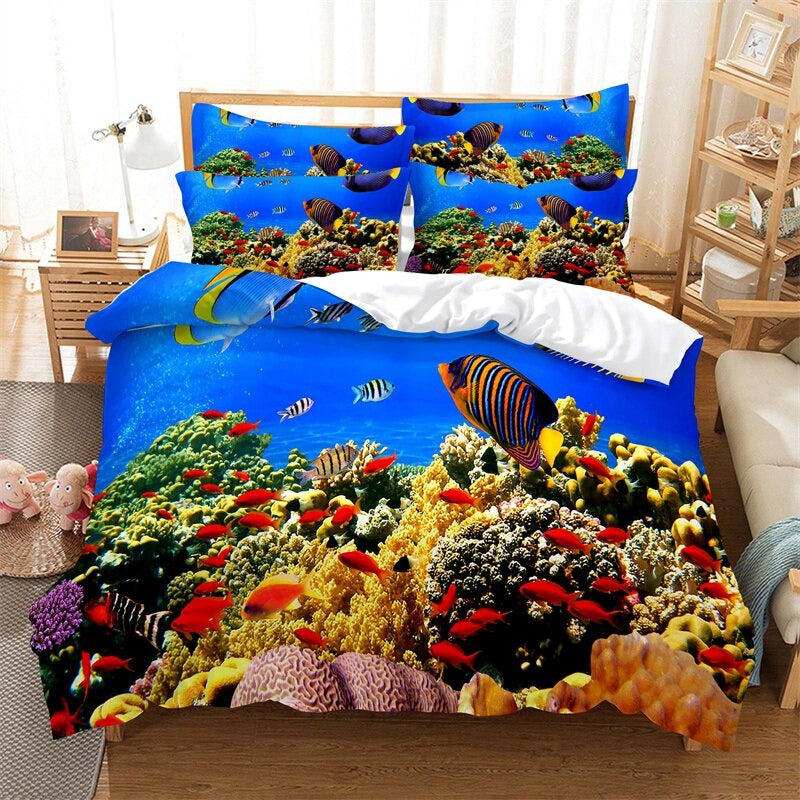 Blue Marine Print Duvet Cover Set