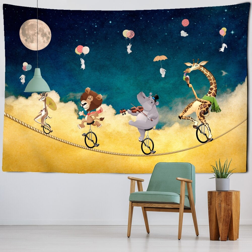 Cartoon Animal Illustration Tapestry Boho Wall Hanging