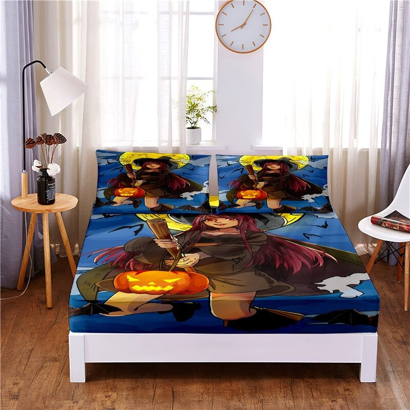 3 Pcs Halloween Digital Printed With Elastic Band Bedding Sheet