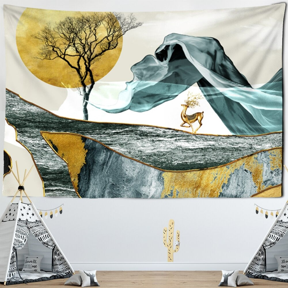 Golden Deer Tapestry Wall Hanging Tapis Cloth