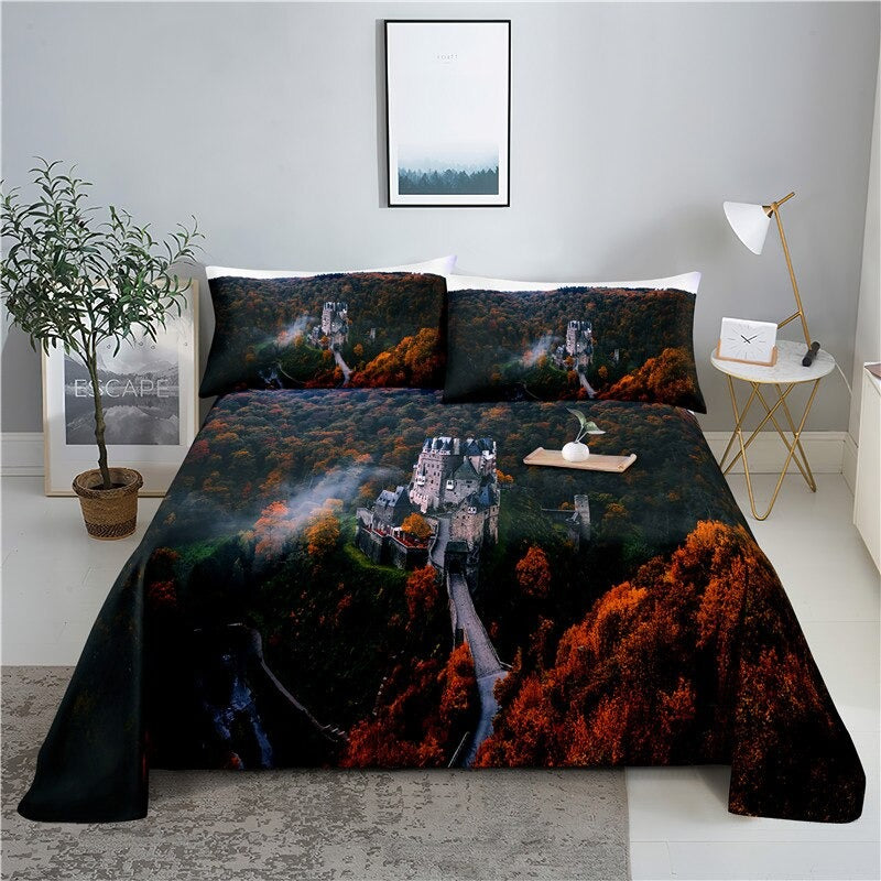 Scenery Print Polyester Bed Flat Bedding Set