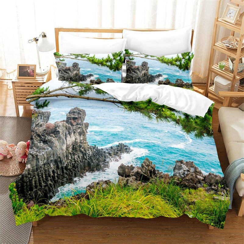 Sea Scenery Print Duvet Cover Sheet Bedding Set