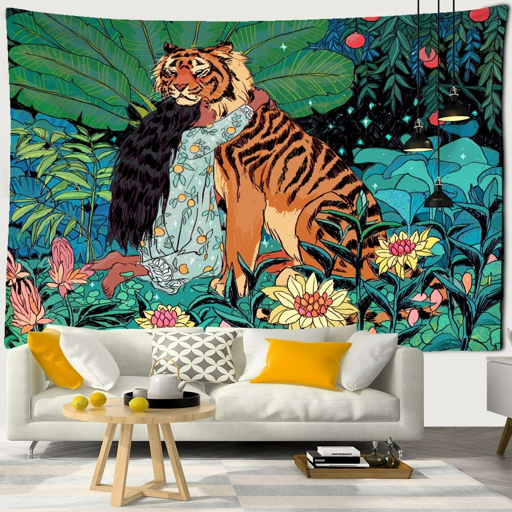 Girl and Tiger Tapestry Wall Hanging Tapis Cloth