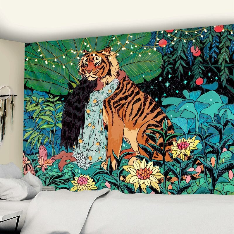 Girl and Tiger Tapestry Wall Hanging Tapis Cloth