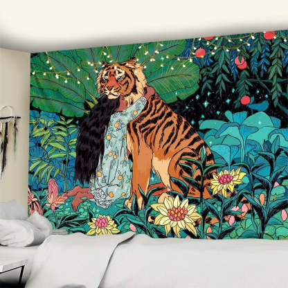 Girl and Tiger Tapestry Wall Hanging Tapis Cloth