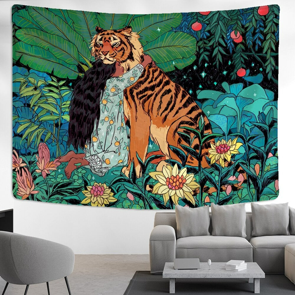 Girl and Tiger Tapestry Wall Hanging Tapis Cloth