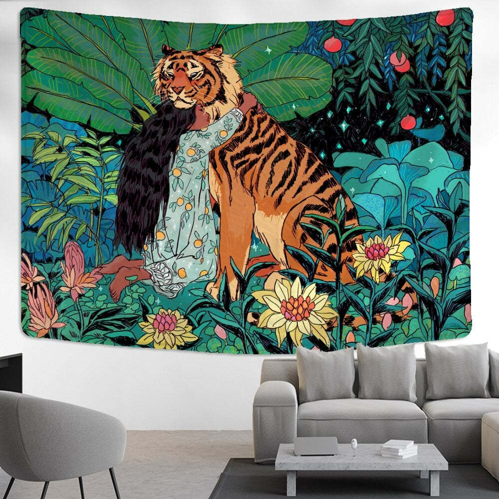 Girl and Tiger Tapestry Wall Hanging Tapis Cloth