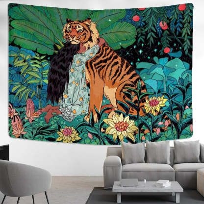 Girl and Tiger Tapestry Wall Hanging Tapis Cloth