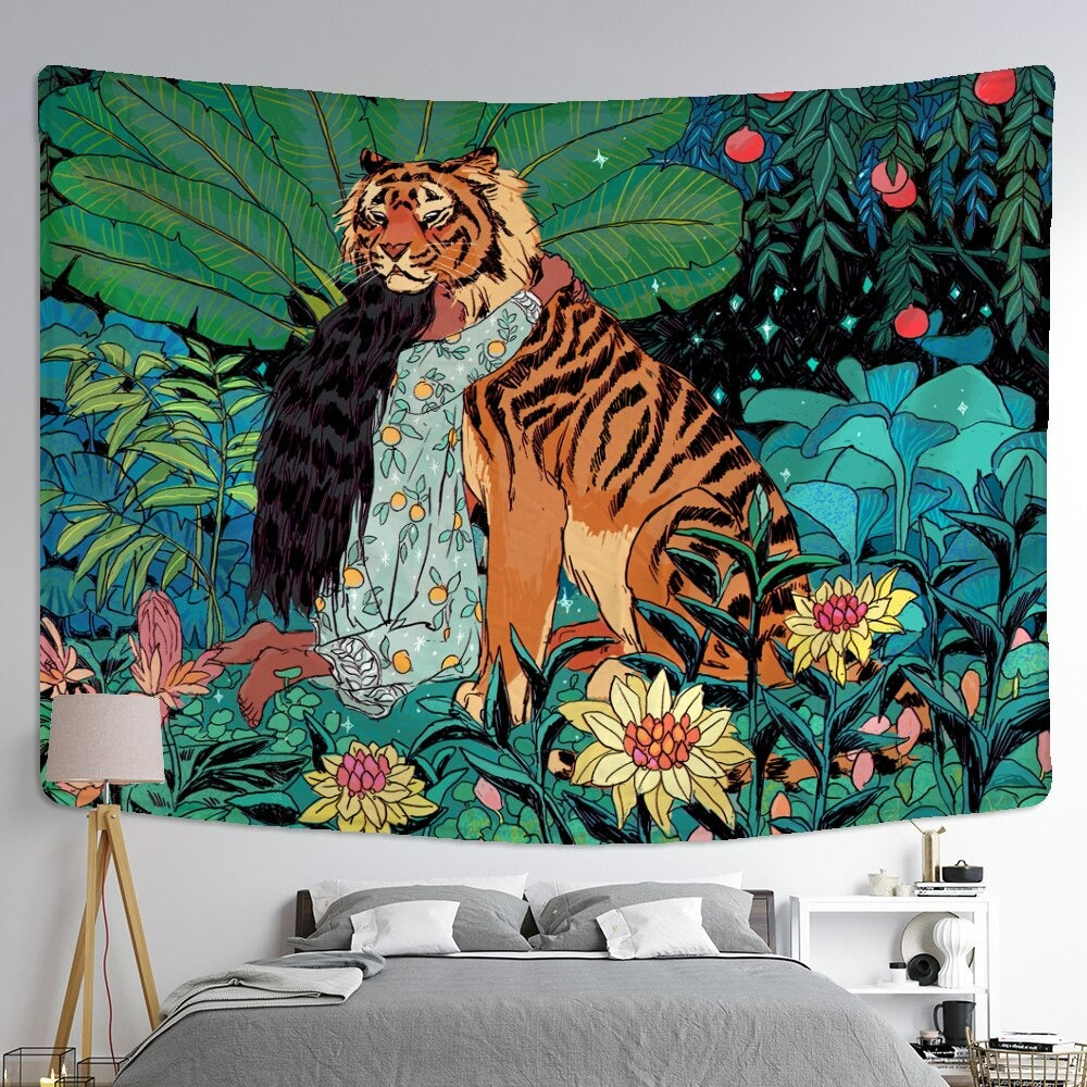 Girl and Tiger Tapestry Wall Hanging Tapis ClothGirl and Tiger Tapestry Wall Hanging Tapis Cloth - Image 4