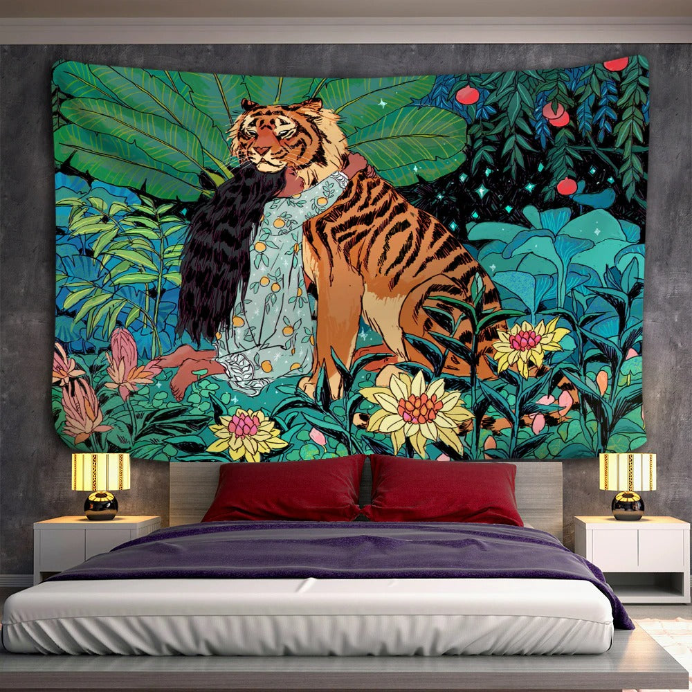 Girl and Tiger Tapestry Wall Hanging Tapis ClothGirl and Tiger Tapestry Wall Hanging Tapis Cloth - Image 5
