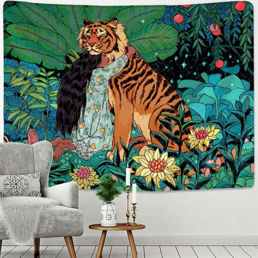 Girl and Tiger Tapestry Wall Hanging Tapis Cloth