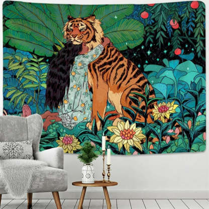Girl and Tiger Tapestry Wall Hanging Tapis Cloth