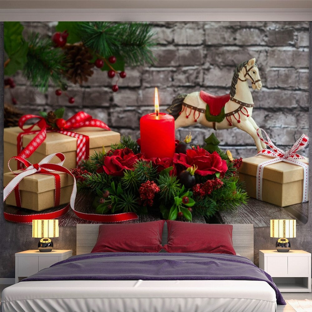 Christmas Fireplace And Snow Tapestry Wall Hanging Tapis Cloth