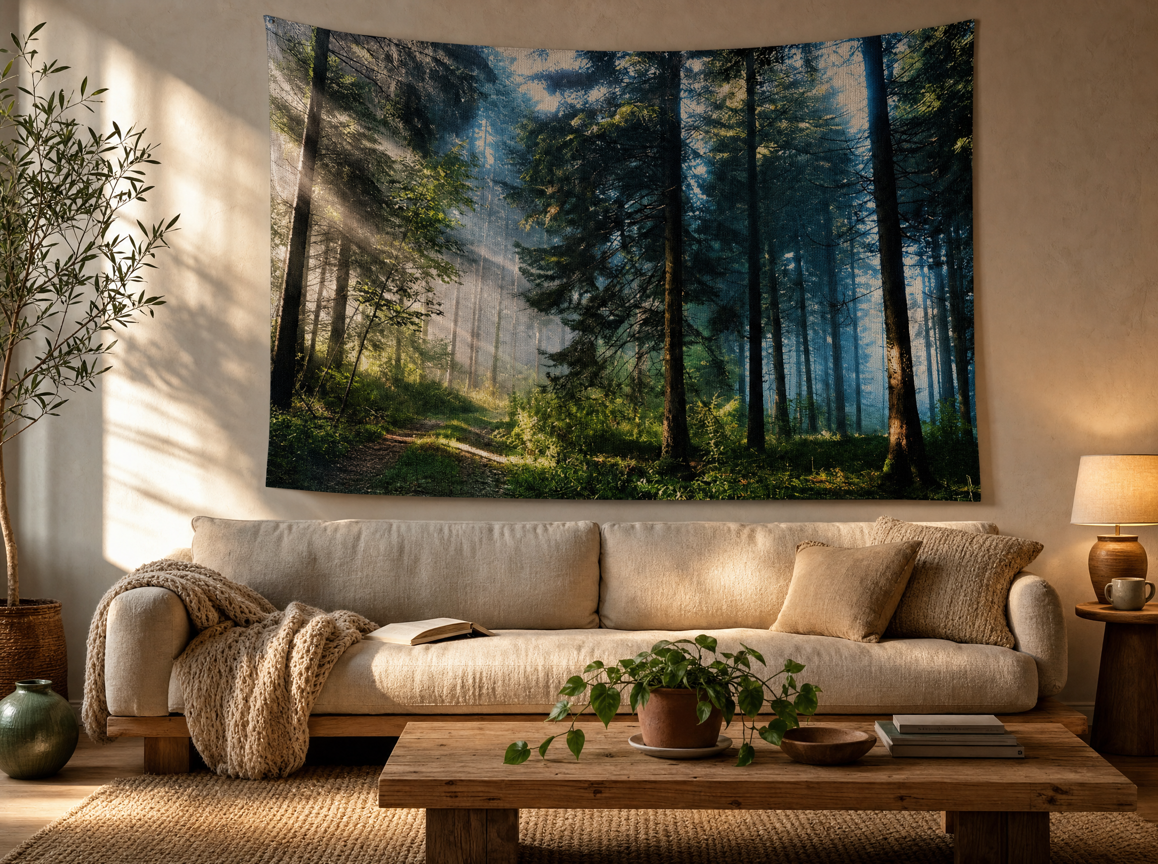 Oversized Woven Forest Tapestry hung above a sofa in a cozy living room