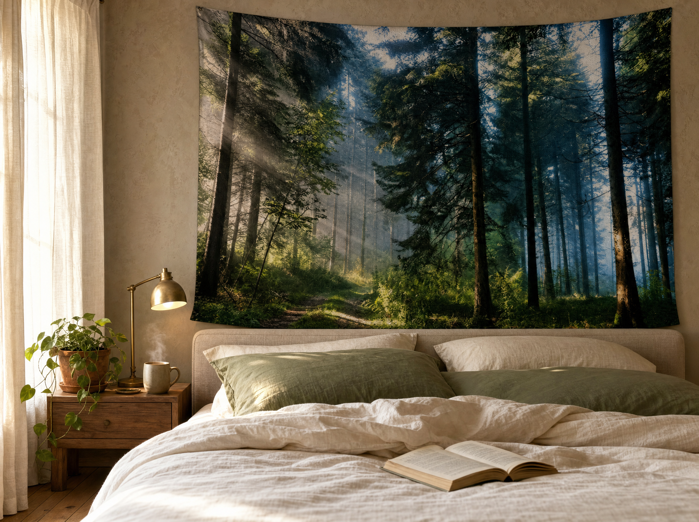 Oversized Woven Forest Tapestry sized above a bedroom headboard