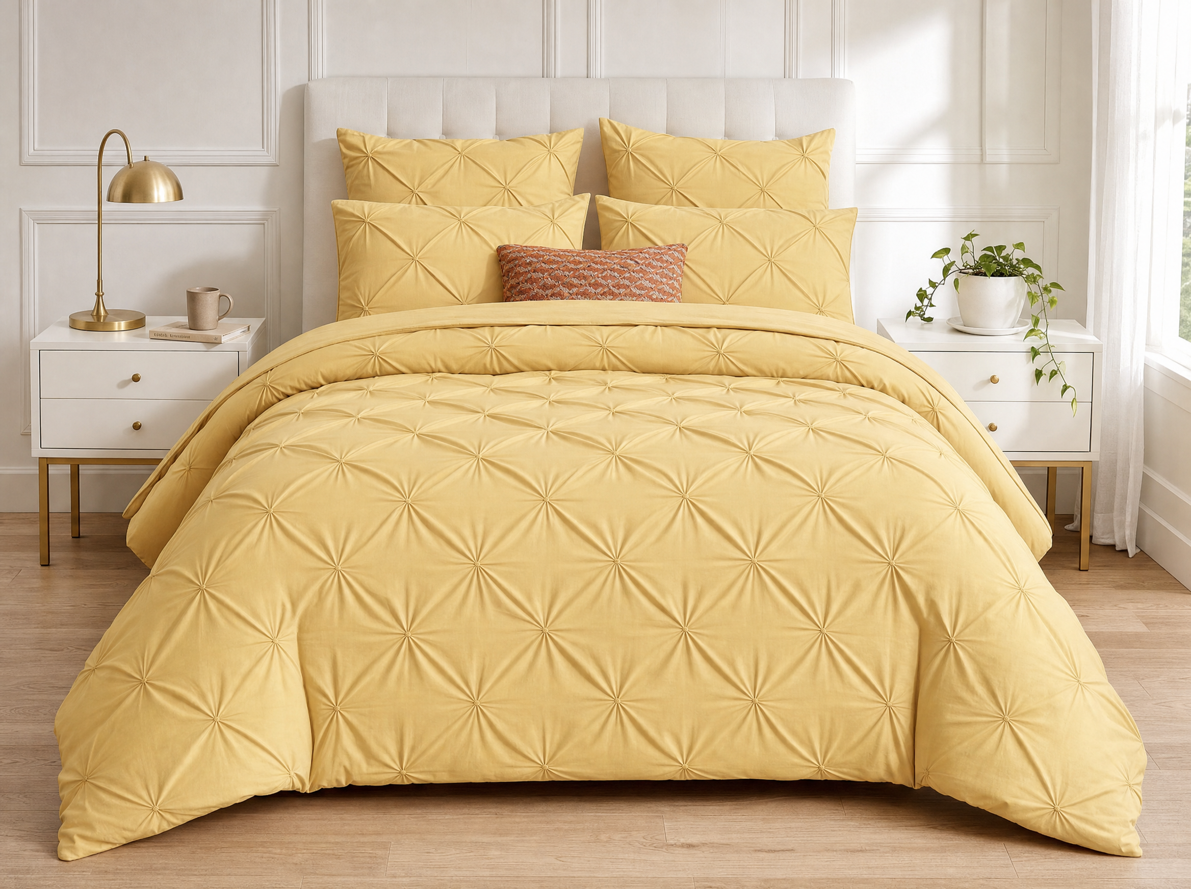 7-Piece Pintuck Comforter Set fully styled with shams and pillowcases