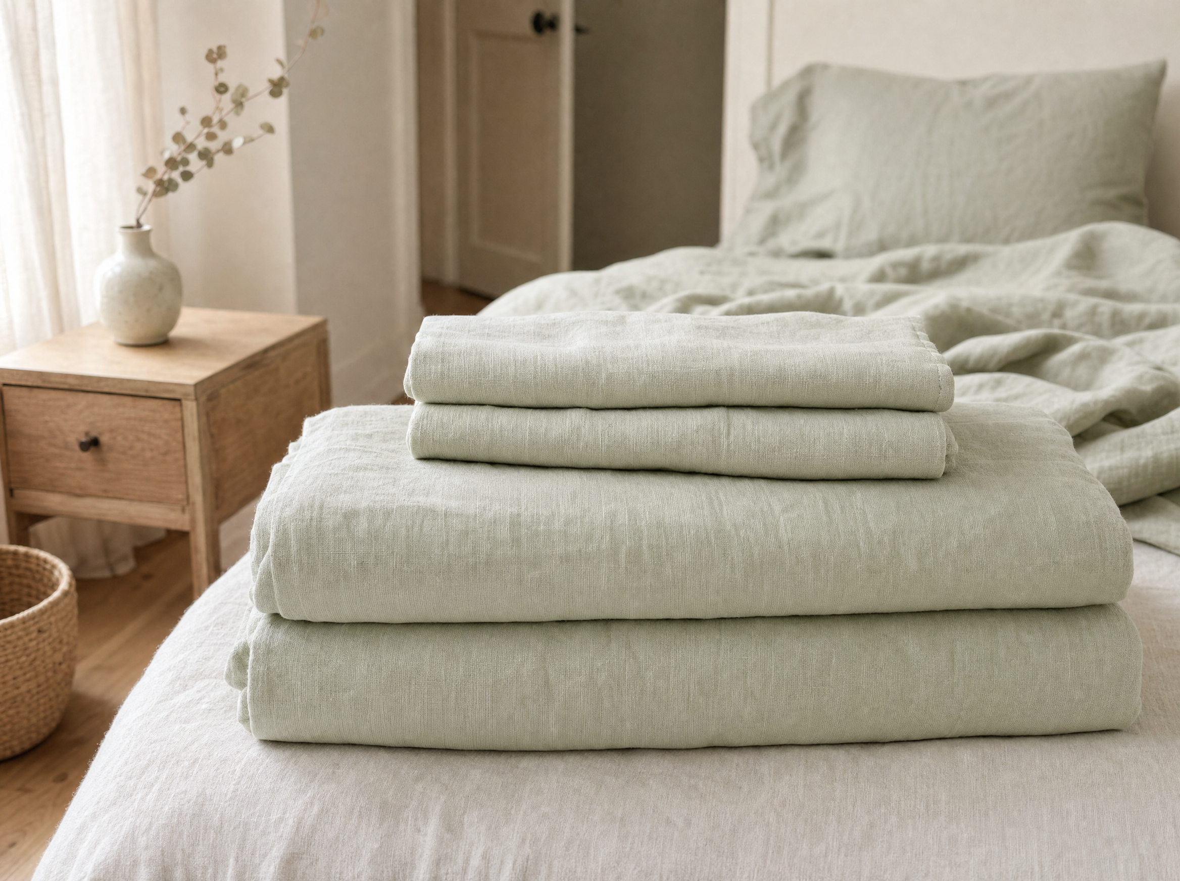 Washed Linen Fitted Sheet Set freshly laundered and folded