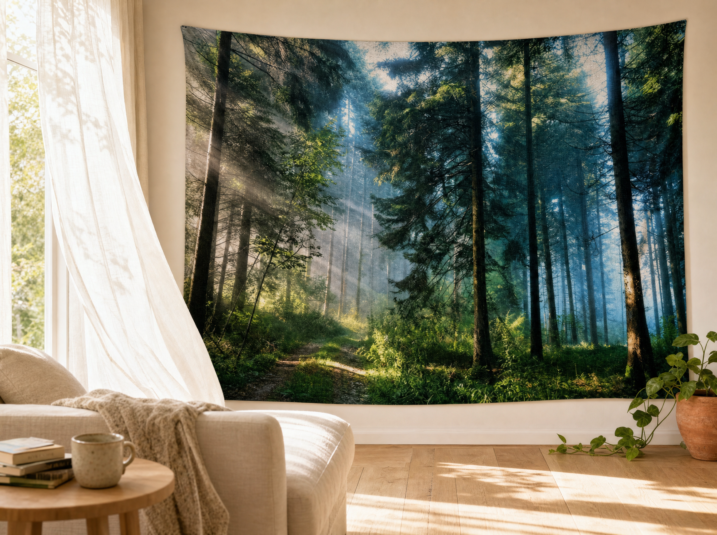 Oversized Woven Forest Tapestry in a bright sunlit summer living room