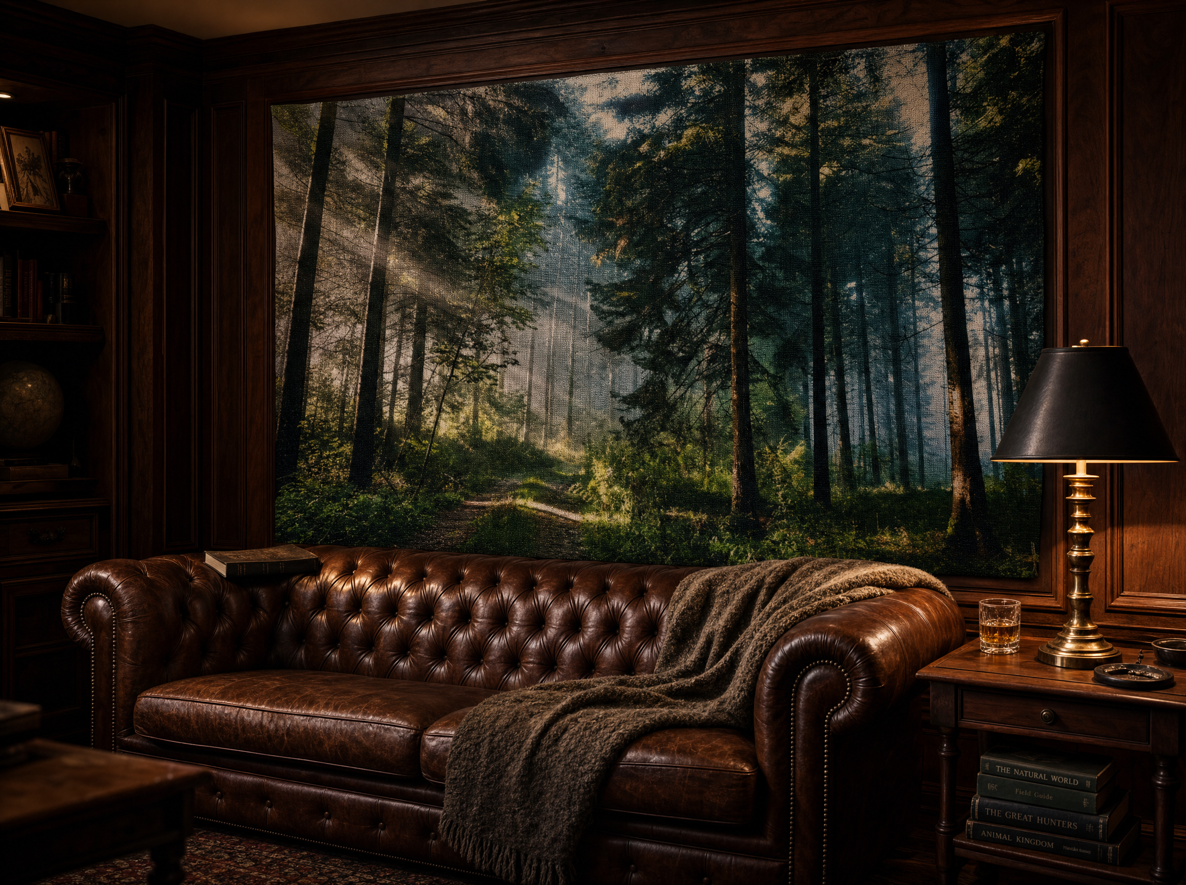 Oversized Woven Forest Tapestry in a moody leather-sofa man cave