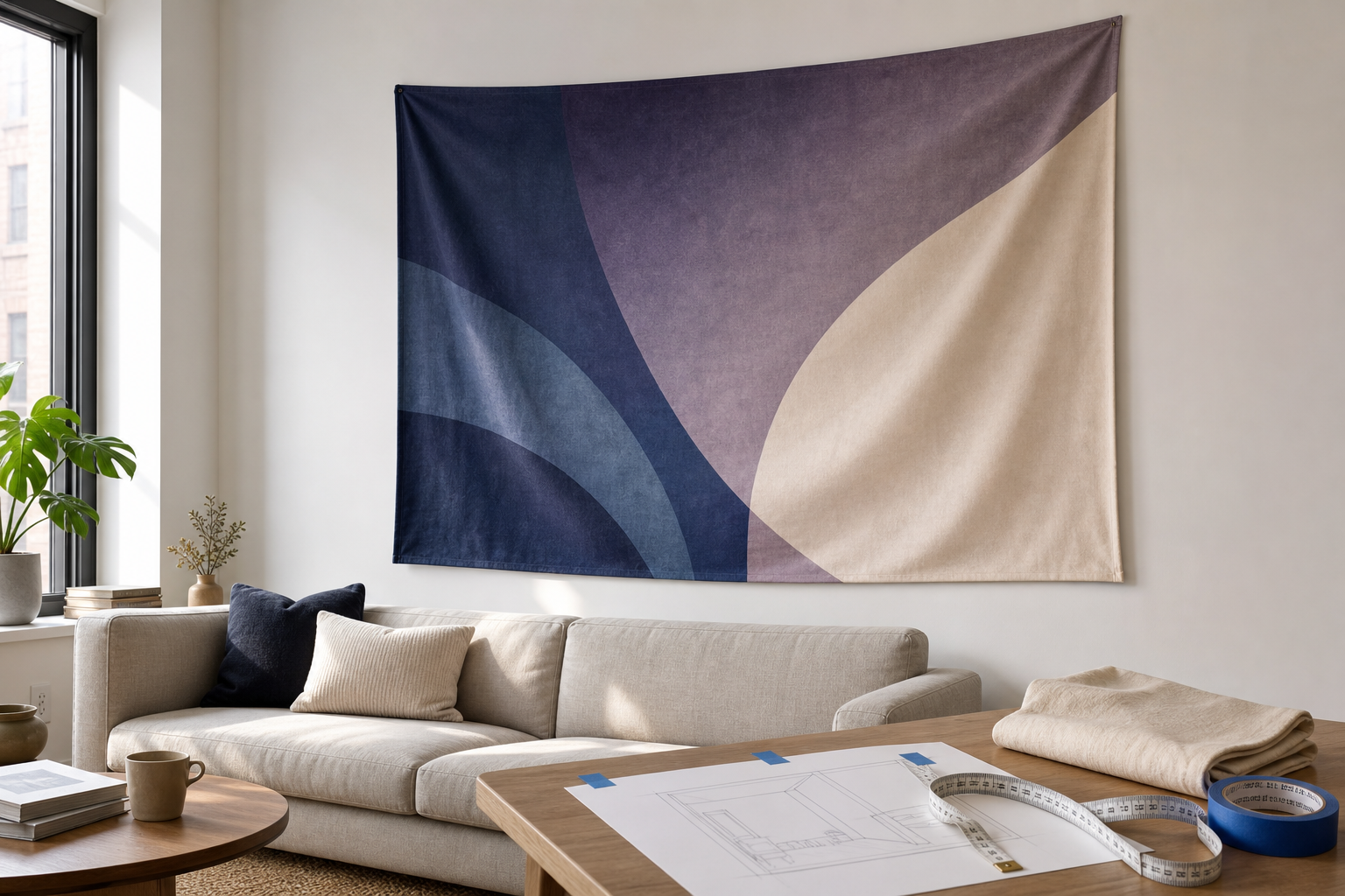Abstract blue violet and cream textile wall hanging above a neutral sofa with a room plan and measuring tape