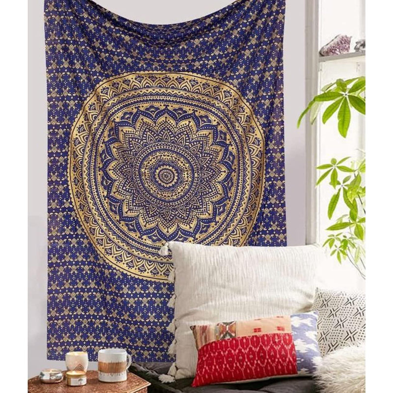Blue Gold Mandala Tapestry For Bedroom- Aesthetic Tapestry Indie
