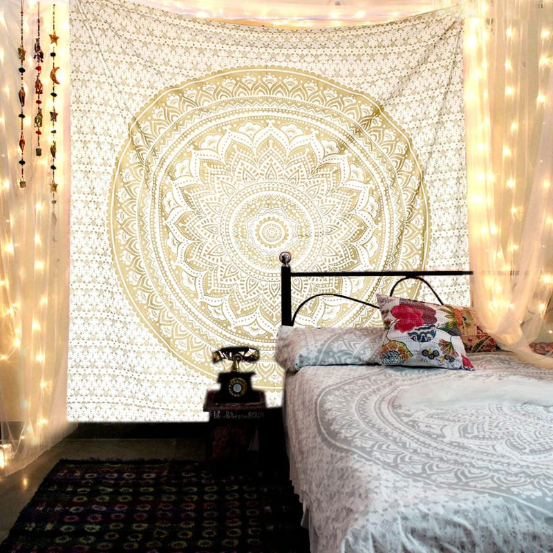 White Gold Ombre Mandala Tapestry For Bedroom- Aesthetic Tapestry - Indie Wall Tapestry Hippie Room Decor - Boho Tapestry's -Trippy Small Tapestry Wall Hanging