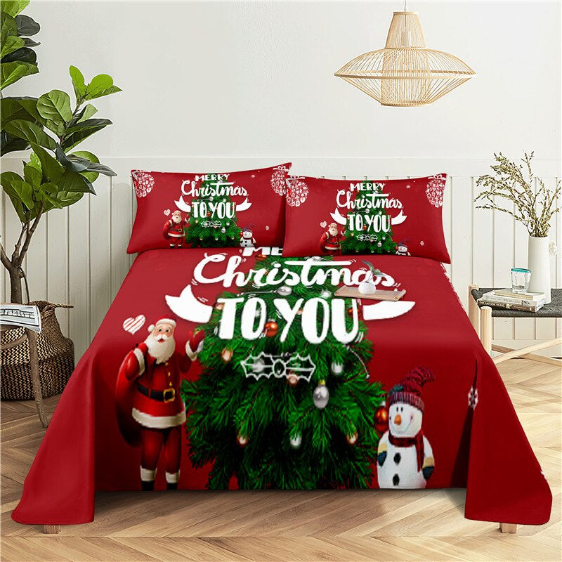 Christmas Themed Print Bed Flat Bedding Set