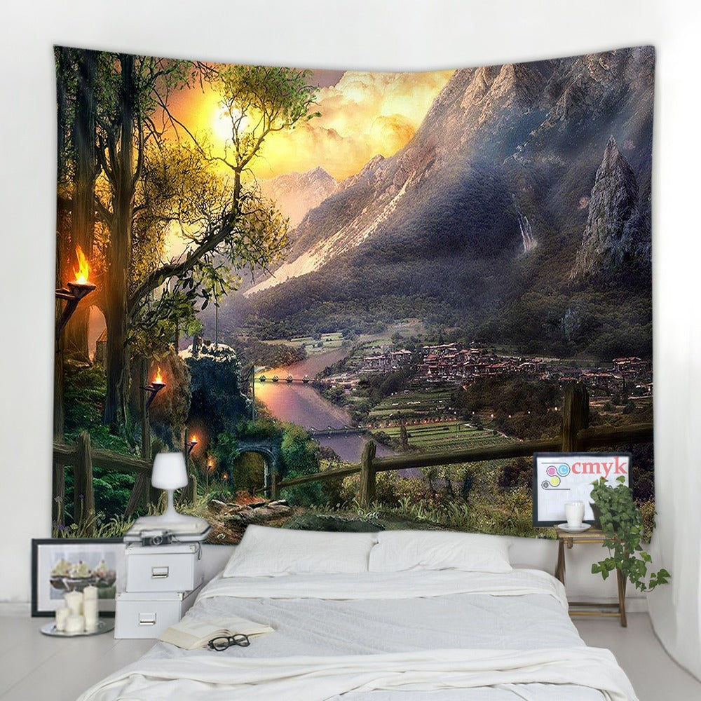 Mountain and Village Tapestry Wall Hanging Tapis Cloth