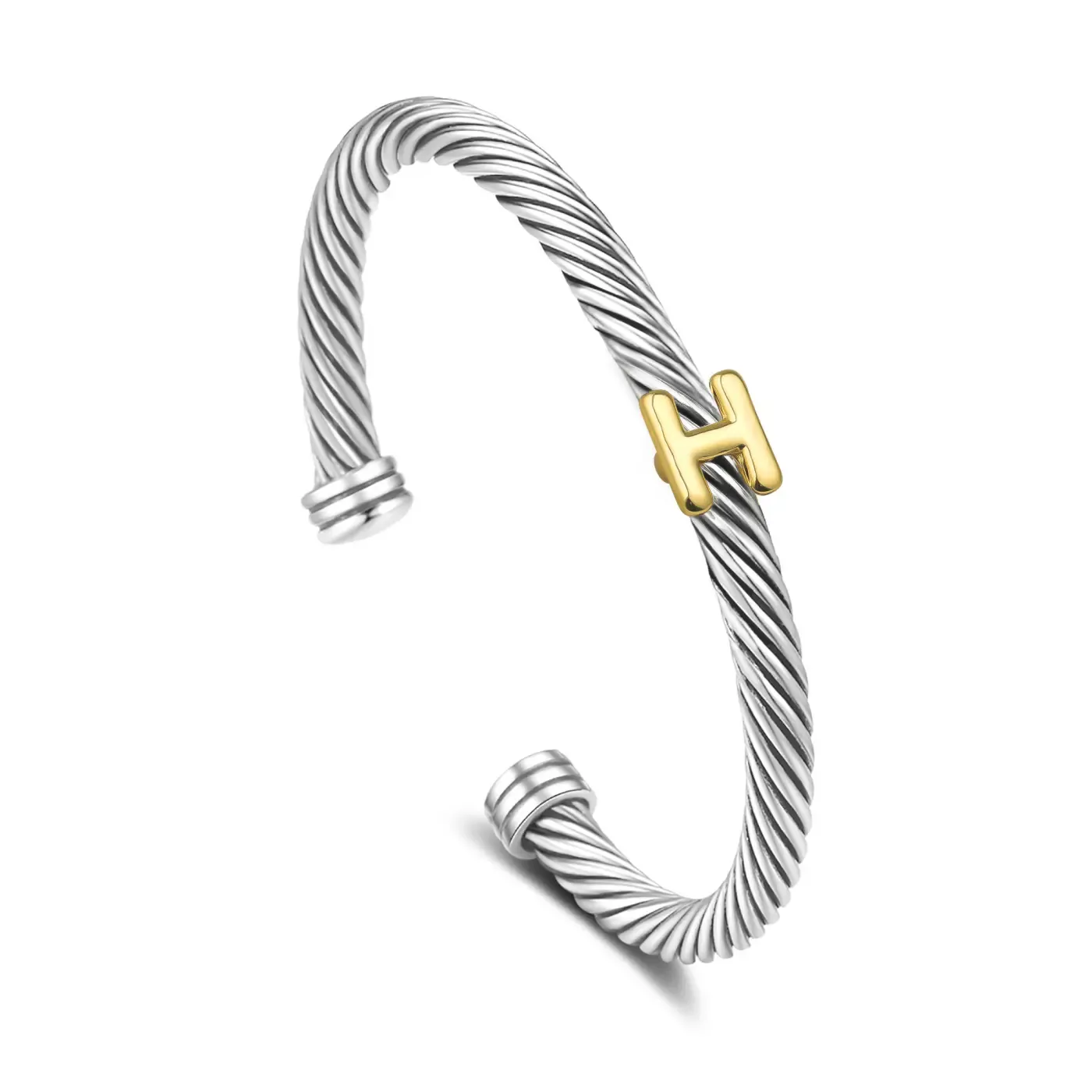 Initial Personalized Customization DIY A-Z Letter Cable Cuff Jewelry Personalized Christmas Gift for Women, Two-Tone Open Bangle Bracelet