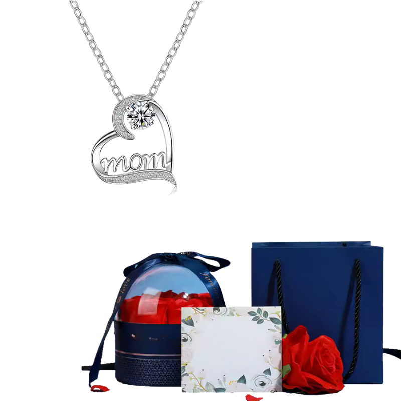 Mom Pendant Necklace With Rose Flower Gift Box Jewelry Set