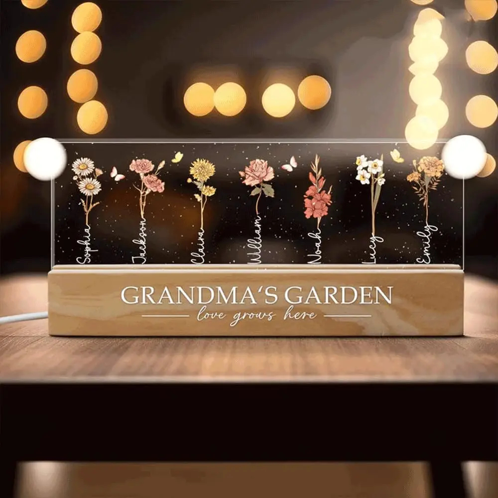 Personalized Grandma Garden Birth Month Flower LED Night Light