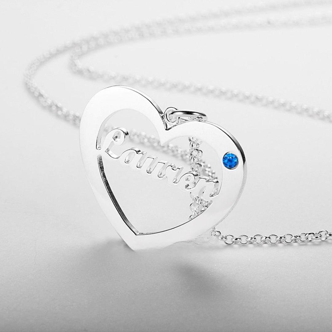 Personalized 925 Sterling Silver Heart Necklace Custom Birthstone And Name Pendant For Christmas Gift