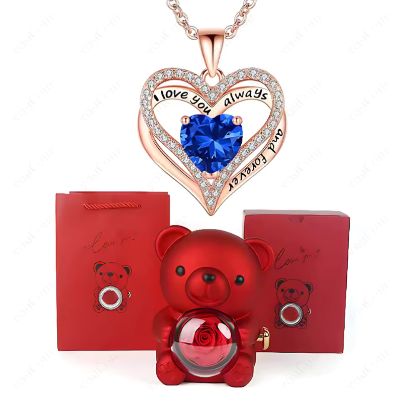 Elegant Crystal Pendant Necklace With Rose Bear Gift Box