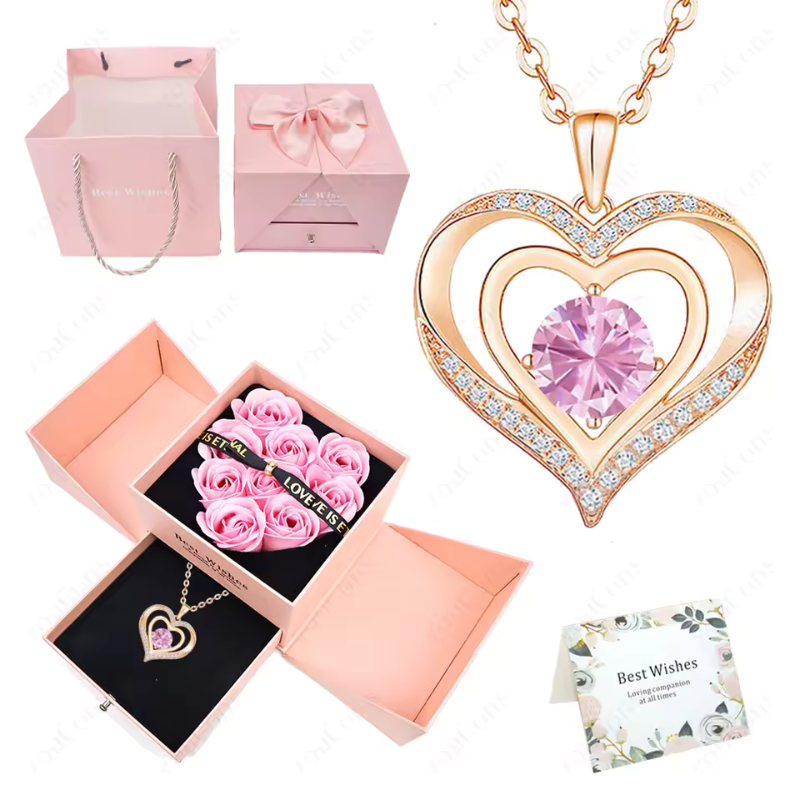 Stylish Pendant Necklace With Rose Gift Box Women Jewelry Set
