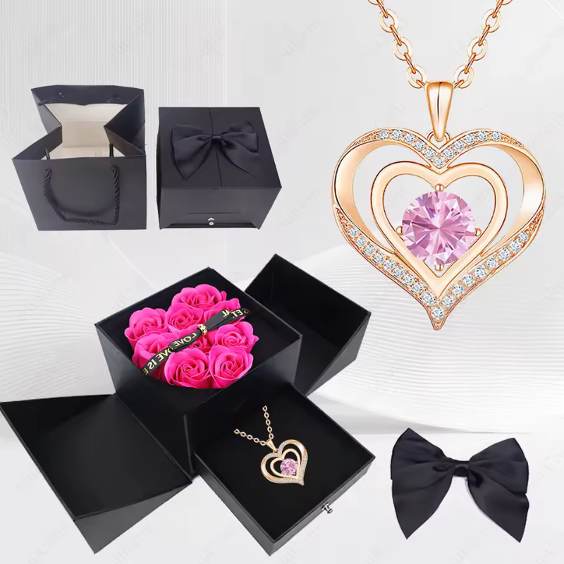 Stylish Pendant Necklace With Rose Gift Box Women Jewelry Set