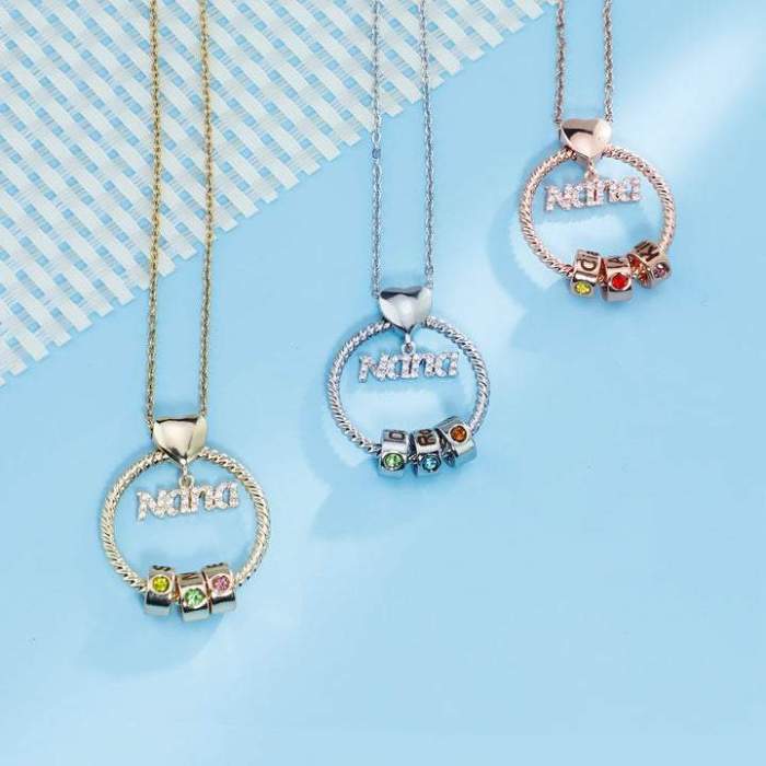 Personalized Family Pendant Necklace With Name Beads And Birthstone