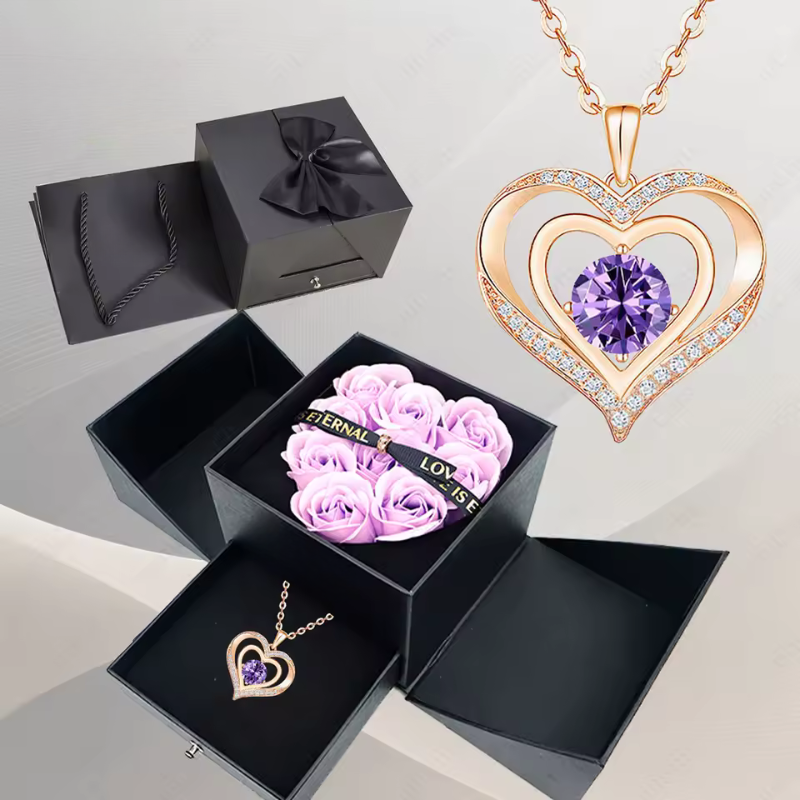 Stylish Pendant Necklace With Rose Gift Box Women Jewelry Set