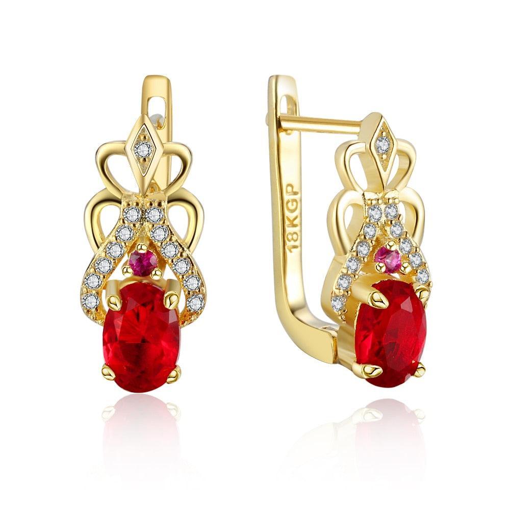 18K Gold Hoop Earrings - Cubic Zirconia Fashion Earring - Red Stoned Fancy Ear Stud - Party Accessorise Fashion Earring - Classy Women Jewelry - Suitable For Girls Of All Ages - Personalized Jewel