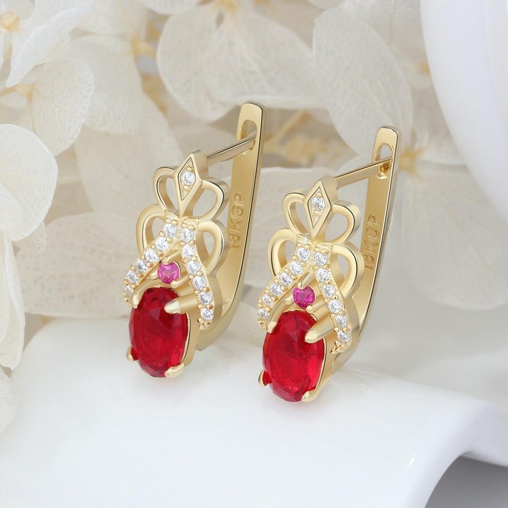 18K Gold Hoop Earrings - Cubic Zirconia Fashion Earring - Red Stoned Fancy Ear Stud - Party Accessorise Fashion Earring - Classy Women Jewelry - Suitable For Girls Of All Ages - Personalized Jewel