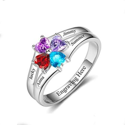 Personalized Sterling Silver Ring for Women - Personalized 4 Birthstones and 4 Name Engraving Ring for Mother-Personalized Jewels