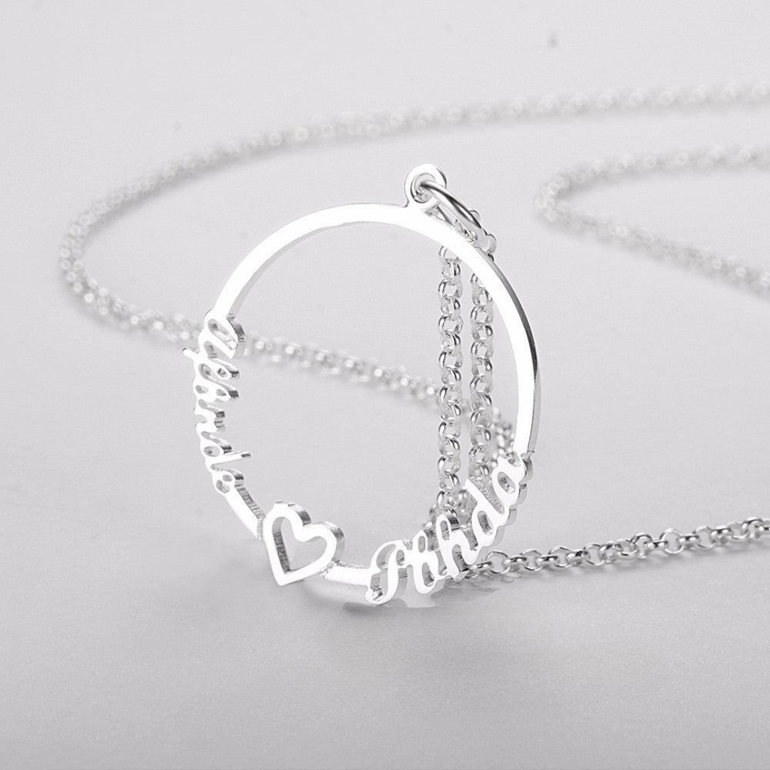 Plated Silver Jewelry- Silver Jewelry for Women- 2-Name Customizable Silver Jewelry- Beautiful Circle Necklace with Heart
