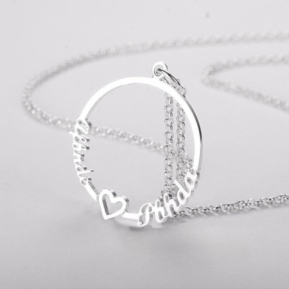 Plated Silver Jewelry- Silver Jewelry for Women- 2-Name Customizable Silver Jewelry- Beautiful Circle Necklace with Heart