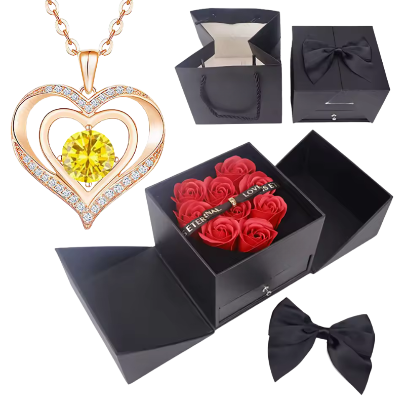 Stylish Pendant Necklace With Rose Gift Box Women Jewelry Set