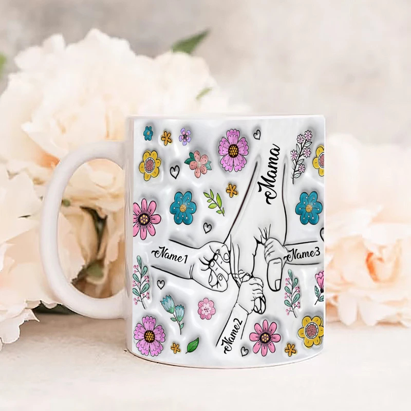 Personalized Family Name Flower Themed Mug With Holding Hands Design