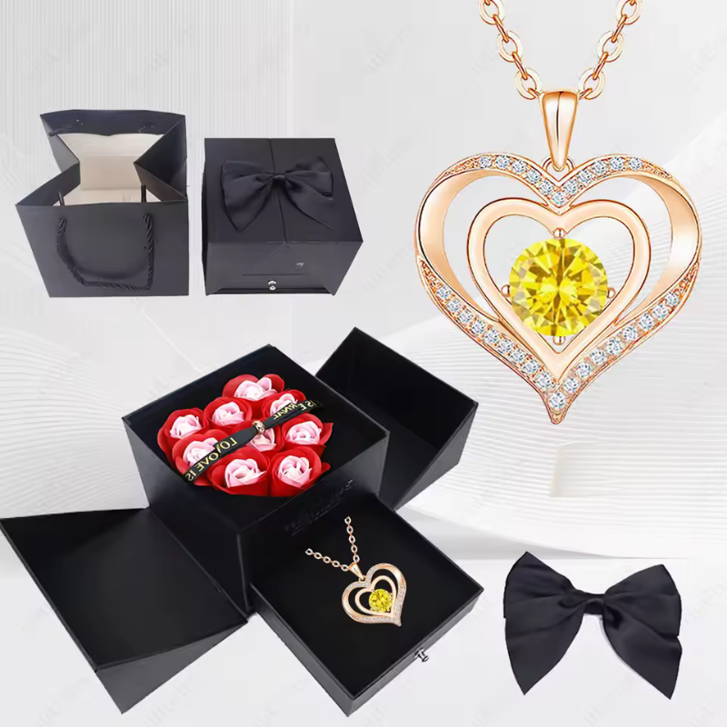 Stylish Pendant Necklace With Rose Gift Box Women Jewelry Set