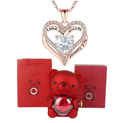 Elegant Crystal Pendant Necklace With Rose Bear Gift Box