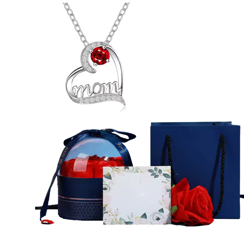 Mom Pendant Necklace With Rose Flower Gift Box Jewelry Set